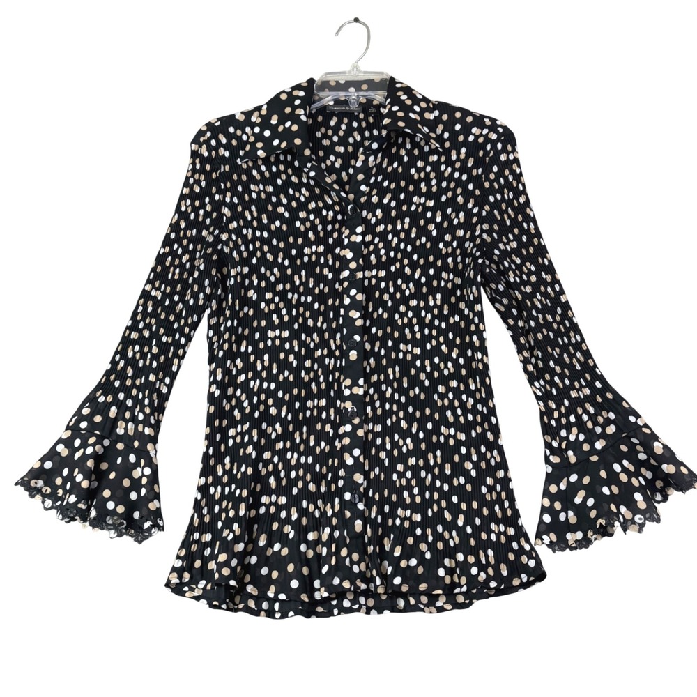 Essentials By Milano M Black Polka Dot Pleated Bell Sleeve Blouse Lace Trim Boho